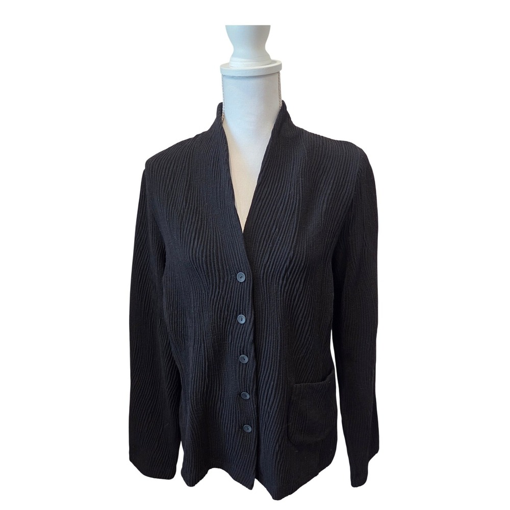 Eileen Fisher Black Ribbed Button Front Cardigan Jacket J8758M Mens M USA Fabric